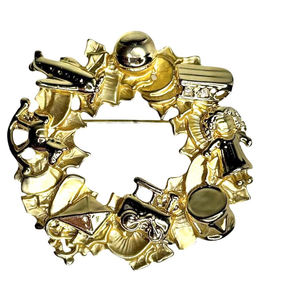 AJC Gold Wreath Brooch Pin 2" Pendant Christmas Toys Plane Drum Doll Train Pony